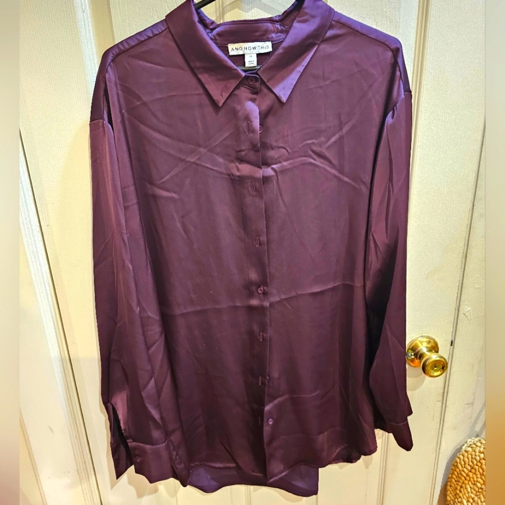 And Now This plus size purple sateen oversized shirt EUC